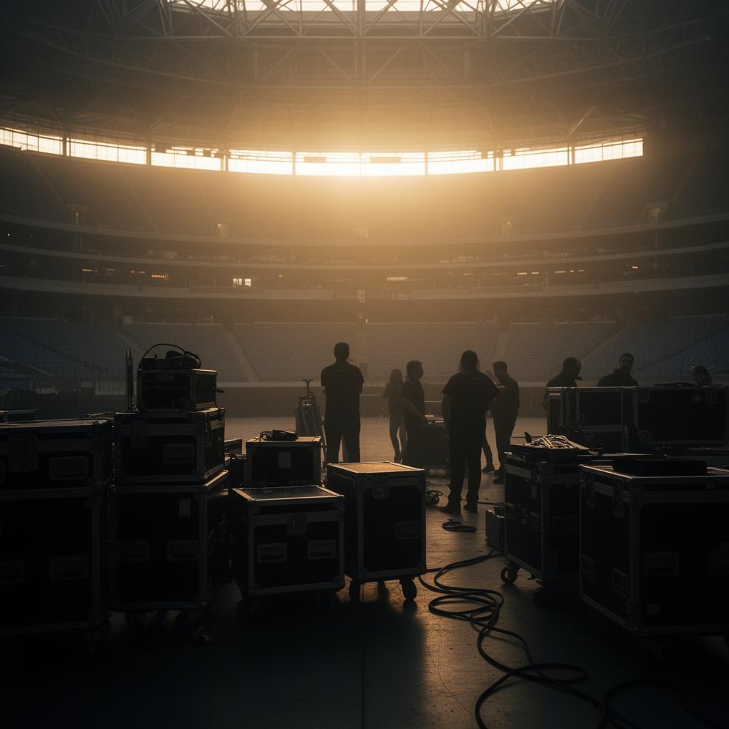 Stage crew at sunrise during arena load-in